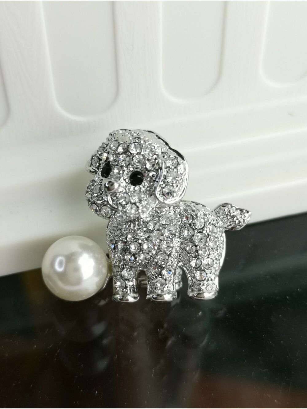 Crystal Sitting Puppy Dog With Ball Brooch Pin 🆕